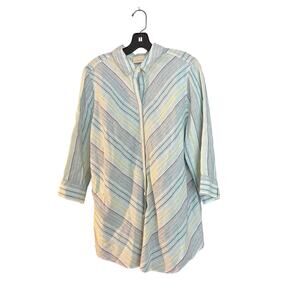 Chico's 100% Linen Bouse Back Button Acents 3/4 Sleeve Size 2/L No Iron Coastal